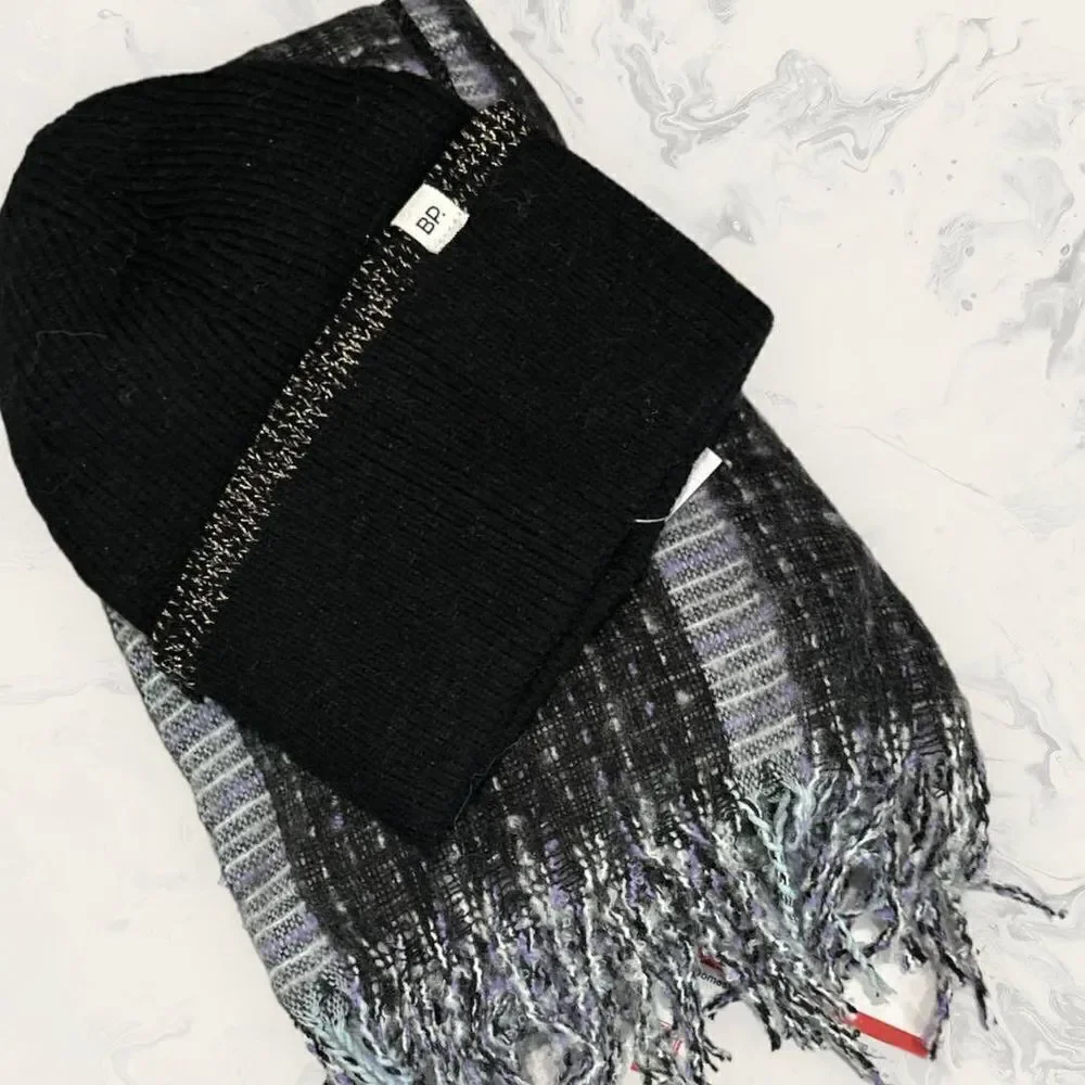 NWT BP Bundle of Cozy Fringe Pocket Blanket Scarf and Black Beanie- Gray/ Black